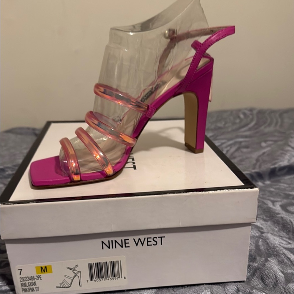Nine West Pink Block Heel Sandals with Clear Straps